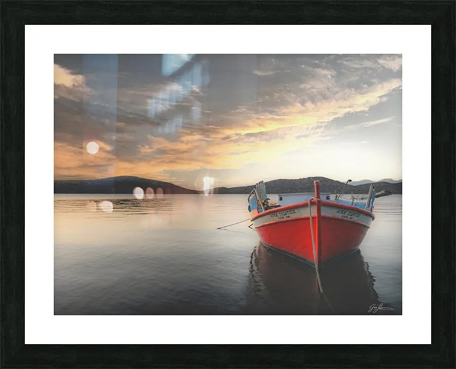 Picture of a lone boat on a calm harbor at sunrise in Greek island.